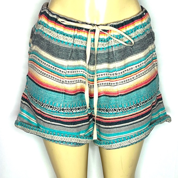 SUNDANCE TURQUOISE MULTI STRIPE COTTON WOVEN SHORTS DRAWSTRING SIZE M - Picture 2 of 3